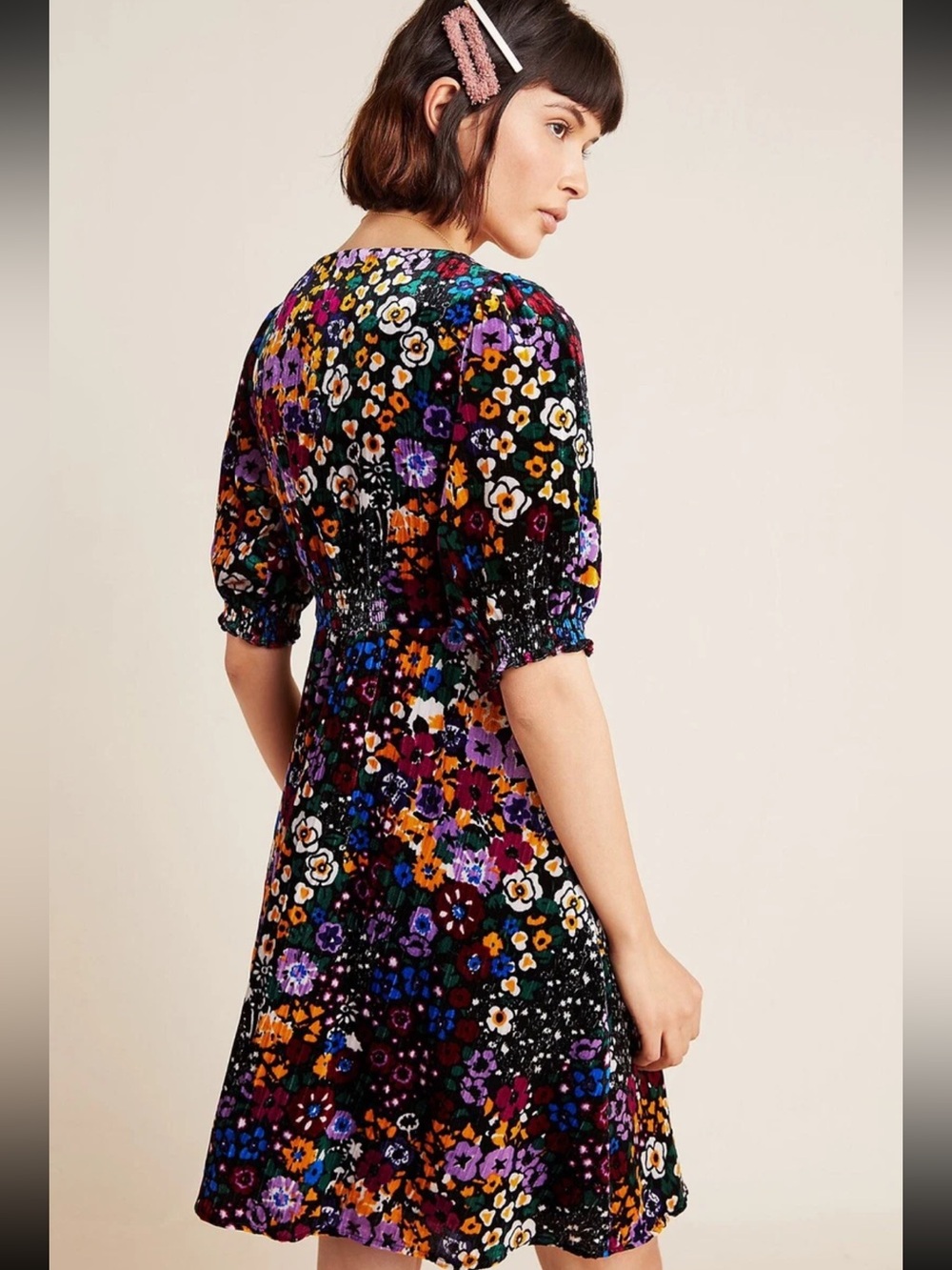 Anthropologie Francis floral velvet puff sleeve a-line dress - Picture 2 of 13